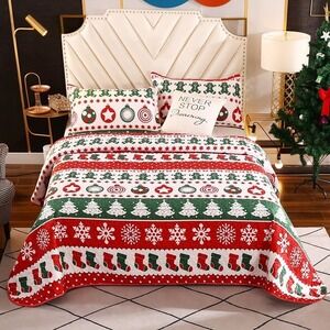 Christmas Quilt Set Twin Size Holiday Snowflakes Cozy Bedding‎ Coverlet